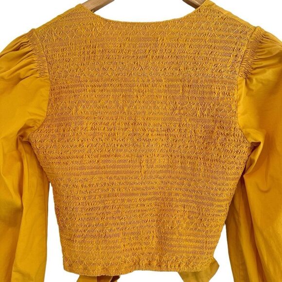 SAYLOR Abril Yellow V-Neck Wrap Smocked Back Puff Sleeve Cropped Top - Picture 6 of 7